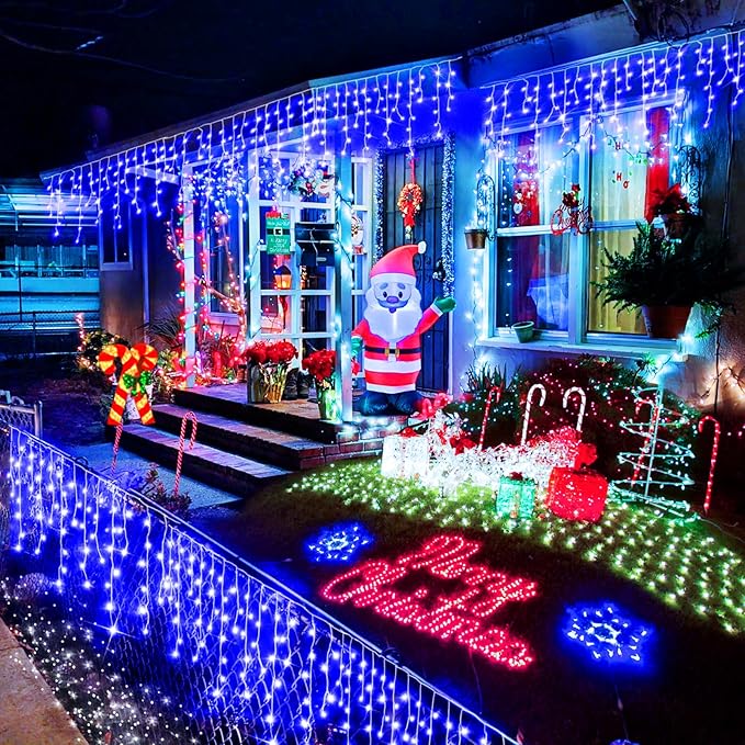 Christmas Lights Outdoor, 1280 LED 131FT Ice Lights for Outside, Clear Wire 8 Modes Plug in 240 Drops Ice String Lights with Timer Memory Function Hanging Light for Christmas Decor(Blue)