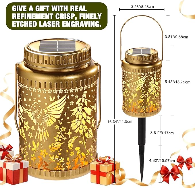 Cooo 6 Pack Solar Lanterns Outdoor Waterproof Hummingbird Red_Sage Solar Pathway Lights Landscape Path Christmas Gifts for Women Mom Grandma for Outdoor Table Lamps Garden Yard Backyard Decor -Gold