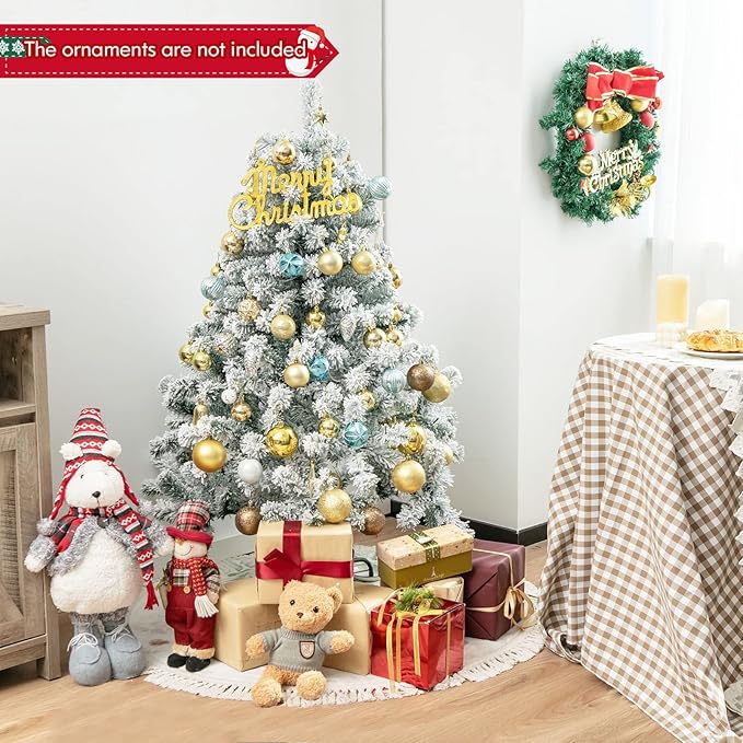 HAPPYGRILL 4.5 FT Pre-Lit Snow Flocked Christmas Tree, Artificial Hinged Xmas Tree with 150 LED Lights, 295 Branch Tips, PVC Leaves, Metal Stand, Xmas Holiday Decor for Office Home