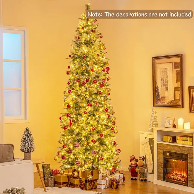 GOFLAME 9 FT Pre-Lit Pencil Christmas Tree Snow Flocked, Slim Artificial Xmas Tree with 1228 Branch Tips, 470 Warm White LED Lights, Holiday Decoration Tree for Home Party Office