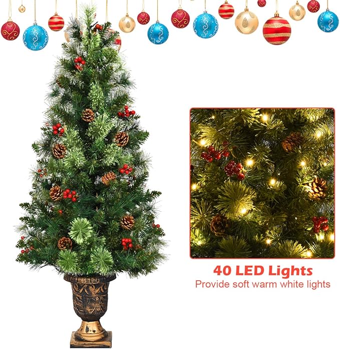 HAPPYGRILL 3FT Pre-Lit Artificial Christmas Tree with Urn Base, Artificial Xmas Tree with 100 Branch Tips, 40 Warm White Lights, Pine Cones, Red Berries, Front Door Porch Entryway Christmas Tree