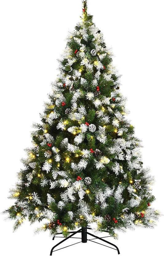 Happygrill 6ft Pre-lit Snowy Christmas Tree Pre-Strung Xmas Decoration Tree with 250 Warm White LED Lights & 818 PVC Tips, 8 Lighting Modes, Hinged Artificial Tree for Residential Commercial Use