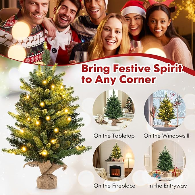 GOFLAME 2FT Pre-Lit Artificial Mini Christmas Tree, Small Tabletop Xmas Fir Tree with 234 Branch Tips, 35 Warm White LED Lights, Timer, Holiday Decoration Tree with Burlap Base