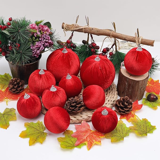 Gresorth 10 Pcs Red Velvet Christmas Ball Ornaments Flocked Hanging Ball Lightweight Decoration Xmas Tree Wedding Indoor Display
