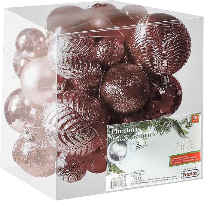 Prextex 36-Pieces Christmas Ornaments Set - Shatterproof, Festive Christmas Balls Decorations in 3 Sizes and 6 Styles with Hanging Loops for Tree, Wreath, and Dazzling Holiday Party Decor - Rose Gold
