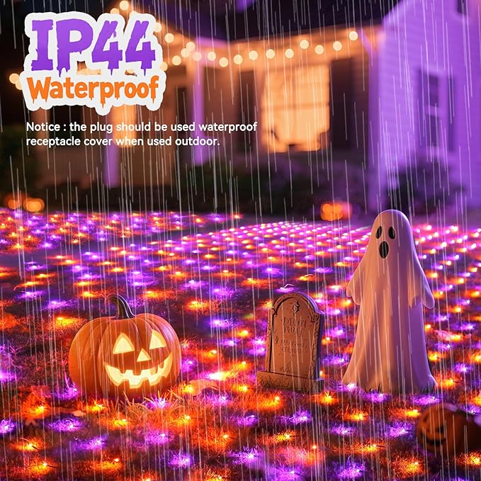LitHome 21FT x 5FT Halloween Net Lights, 360 LED Purple Orange Bush Lights with 8 Modes, Connectable Waterproof Net Mesh Light Dark Green Wire for Bushes Shrubs Trees Outdoor Holiday Decor