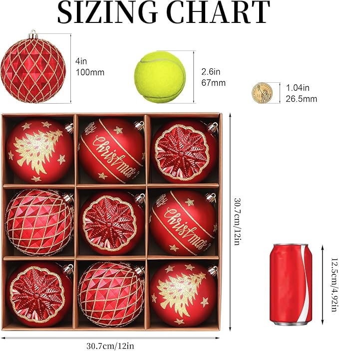 SHareconn 100MM/4 Inch 9PCS Large Christmas Balls Ornaments, Shatterproof Plastic Hanging Big Baubles Set for Xmas Tree Decoration Holiday Party Wedding Decorations with Hook,Red and Gold