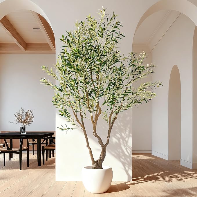 8ft Faux Olive Tree with Pot & Moss Artificial Olive Plant Fake Olive Tree for Home Decor, Large Indoor Artificial Trees Faux Plants Indoor Durable Artificial Trees for Living Room/Office