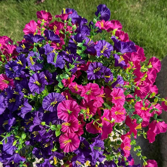 10 Bundles Artificial Flowers for Outdoor,UV Resistant Fake Petunia Flowers,Faux Plants for Outside Hanging Planters,Artificial Plants for Indoor Porch Garden Home Wedding Decor(Fuchsia,Purple)