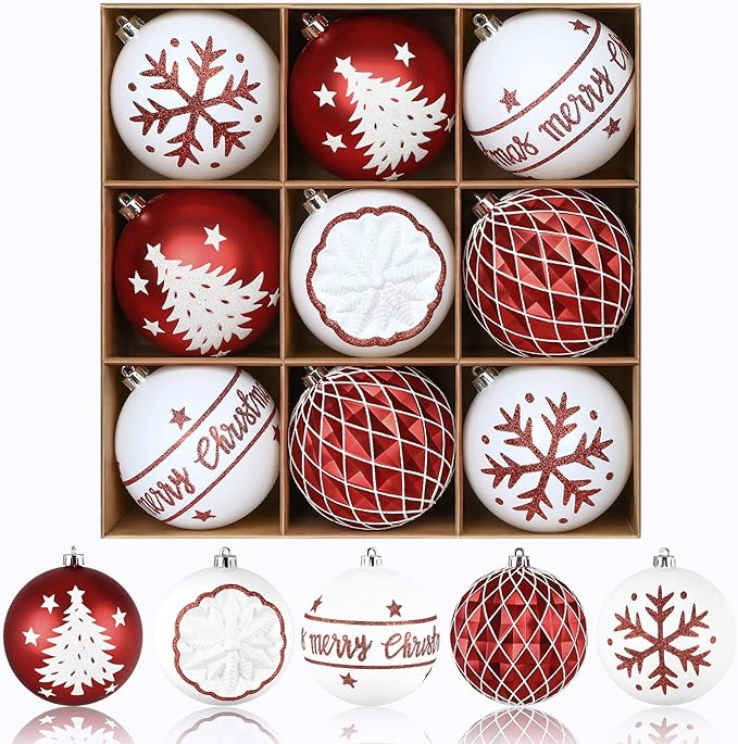 SHareconn 100MM/4 Inch 9PCS Large Christmas Balls Ornaments, Shatterproof Plastic Hanging Big Baubles Set for Xmas Tree Decoration Holiday Party Wedding Decorations with Hook,Red and White