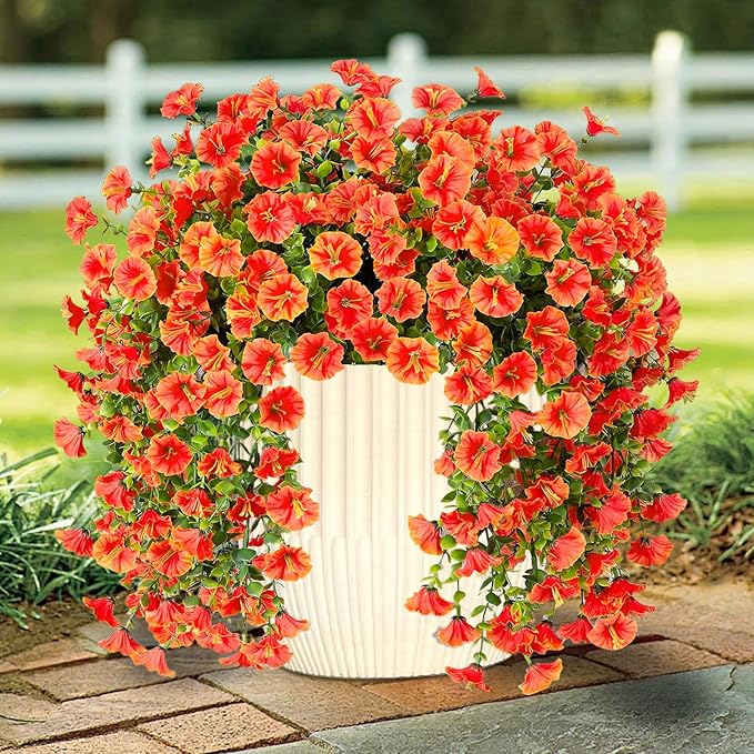 Rich and Eye-catching 5 PCS Artificial Hanging Flowers，Silk Morning Glory Faux Flowers with Eucalyptus Leaves,uv Resistant Fake Hanging Petunias Plants for Yard Decoration(Orange)