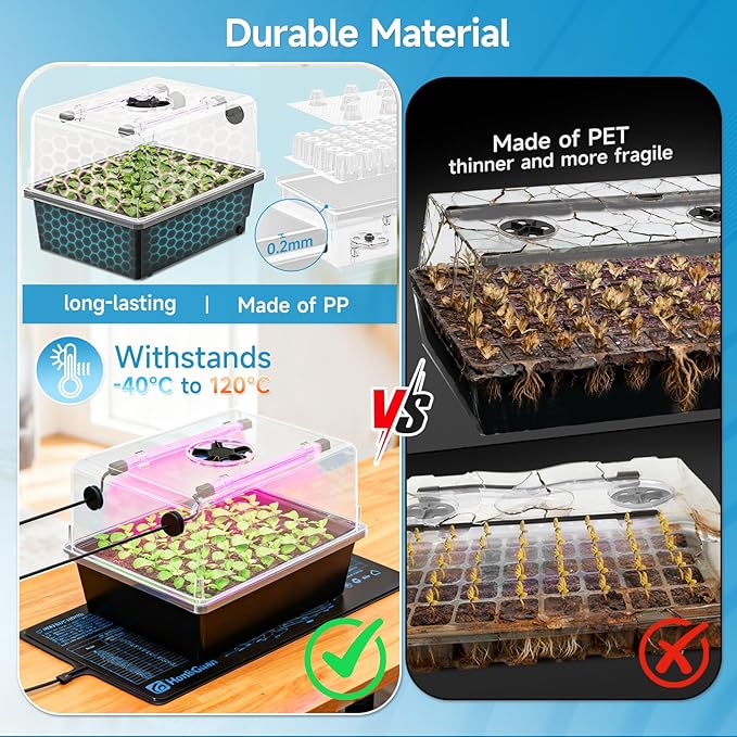 Hon&Guan 2 Pack Seed Starting Kit - 30 Cell Seed Starter Tray with Higher 5.3” Humidity Dome, LED Growing Lights and 10"x20.75" Seedling Heat Mat, Adjustable Vents - Germination & Plant Propagation