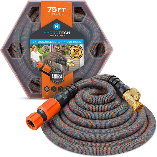 HydroTech 75 ft Expandable Garden Hose - Burst Proof & Lightweight, Flexible Water Hose with Durable Reinfordced Latex Core & Solid Brass Fittings for Lawn, Garden, Car Washing