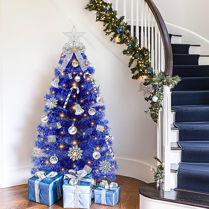 3 Ft Small Christmas Tree Hanukkah Decor with Timer Remote, 8 Modes 50 Warm White&Colorful Change Lights, 3D Star&44 Ornaments, Battery Operated, Mini Christmas Tree Table Indoor Holiday Party Decor