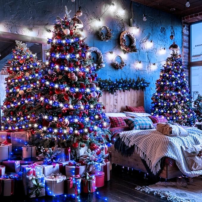 XURISEN 403FT 1000 LED Christmas Lights Outdoor Green Wire String Lights 8 Modes with Timer Memory Waterproof Fairy Light Plug in for Xmas Tree Wedding Yard Party Holiday Decorations(Blue+White)