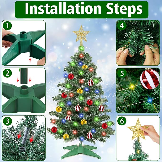 [ Remote Control & 12 Modes ] 3 Ft Christmas Tree with Timer 50 Warm White & Multi Color Lights, 15 DIY Ornaments 3D Star Topper - Artificial Small Green Christmas Tree for Home Indoor Tables - Green