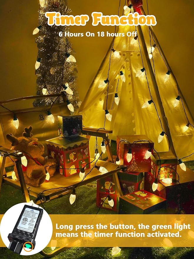 2-Pack C9 Christmas String Lights Plug in, 66 FT 100 LED Christmas Lights Connectable with 8 Modes & Timer, Waterproof Fairy Twinkle Light Indoor Outdoor for Xmas Tree Yard Decorations (Warm White)