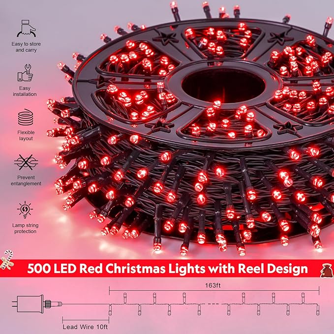 JMEXSUSS 500 LED Red Christmas Lights Outdoor, 173ft Red String Lights Plug in, Waterproof 8 Modes Christmas Light for Tree Party Xmas Holiday Decorations