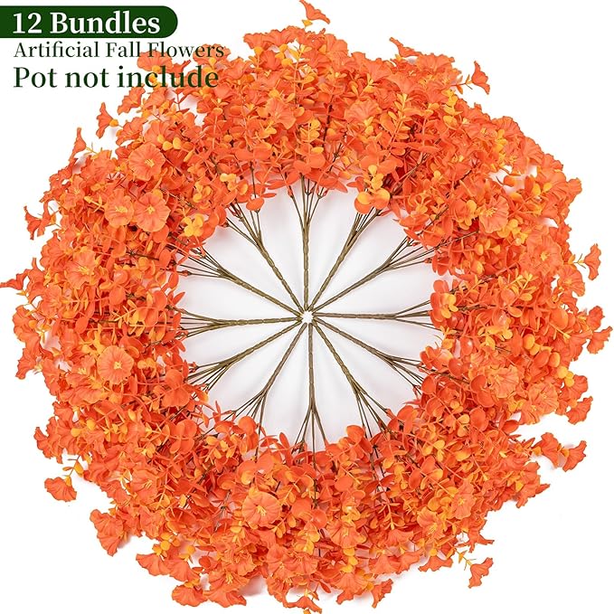 Lnoicy Artificial Flowers for Outdoor 12 Bundles Eucalyptus Fake Flowers for Planter,UV Resistant Fake Morning Glory for Home/Porch/Garden Decoration (Fall Red)