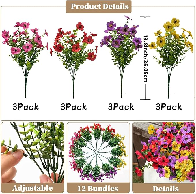 Artificial Flowers Outdoor UV Resistant Fake Plants, 12 Bundles Silk Daisy in Pots for Porch Patio Garden, Faux Potted Home Decor for Outside (Mix Pink, Red, Purple, Yellow)