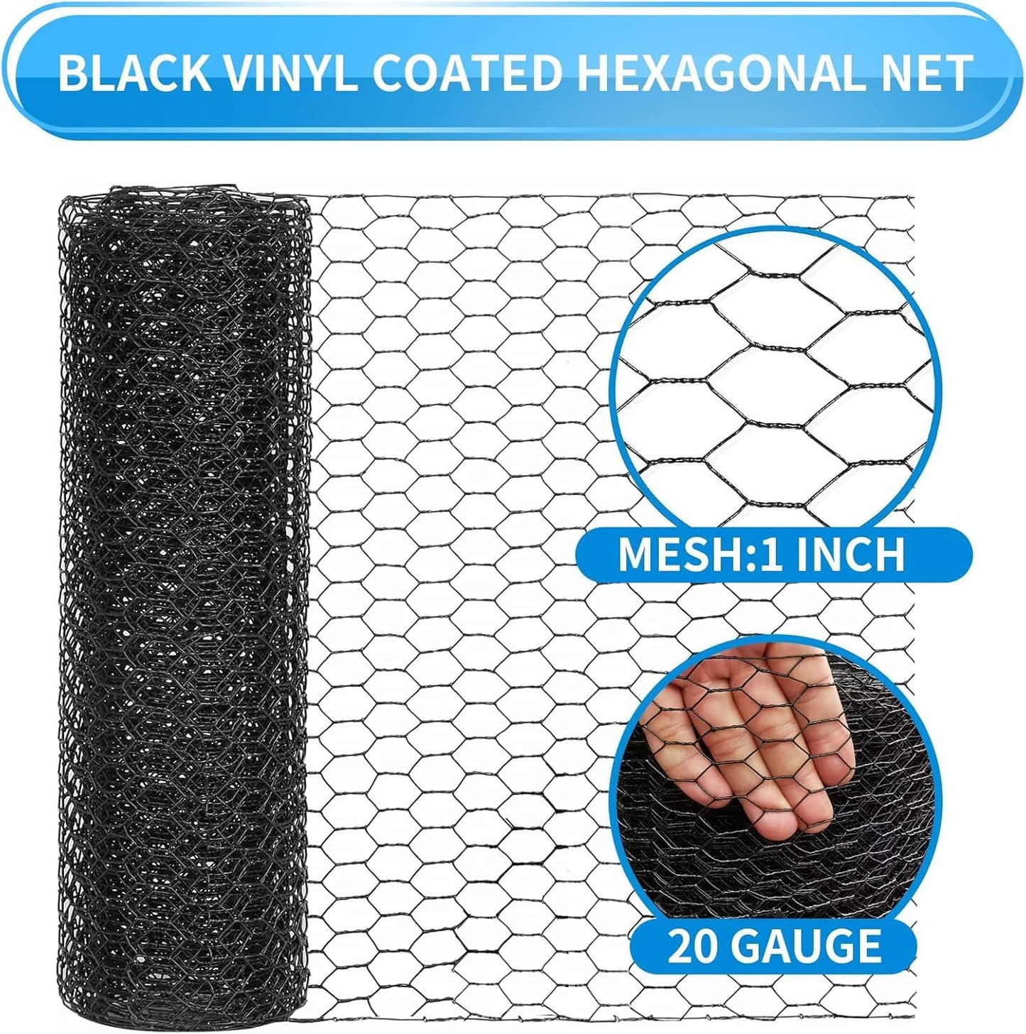 48'' x 50' Black Chicken Wire Fencing, 1 inch Chicken Wire and 20 Gauge Poultry Netting, Garden Mesh Fence Roll for Floral Arrangements/Crafts/Farm/Livestock/Pet Protection