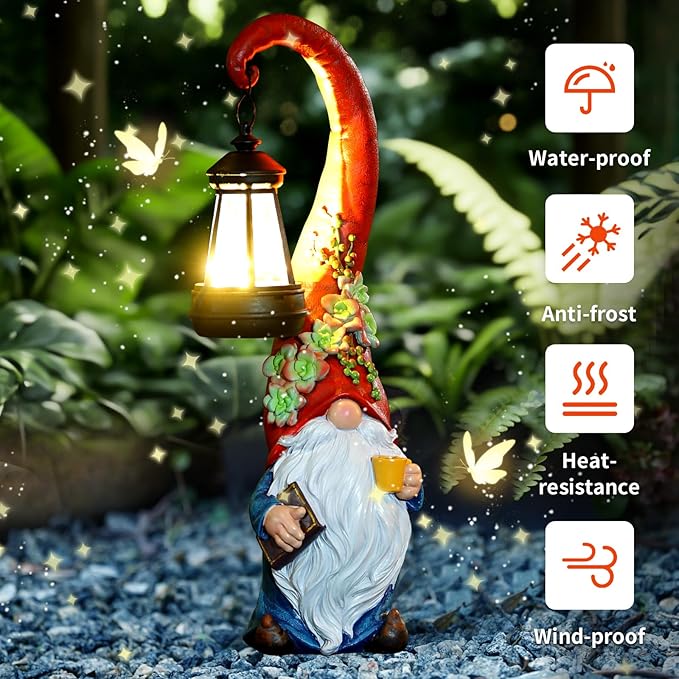 Coffee Gnome Garden Decor Statue Solar-Powered Gnome Ornament Lantern-Lit Courtyard Decoration Birthday Gift for Mom on The Patio