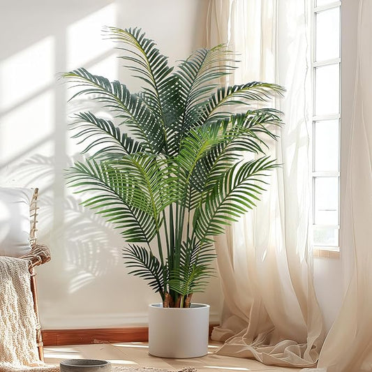 Artificial Tropical Palm Plant - 5 Ft Artificial Tree with Plastic Pot for Office and Home Decor, Tall Faux Plants for Indoors and Outdoors, Artificial Silk Palm Housewarming Gift,K150