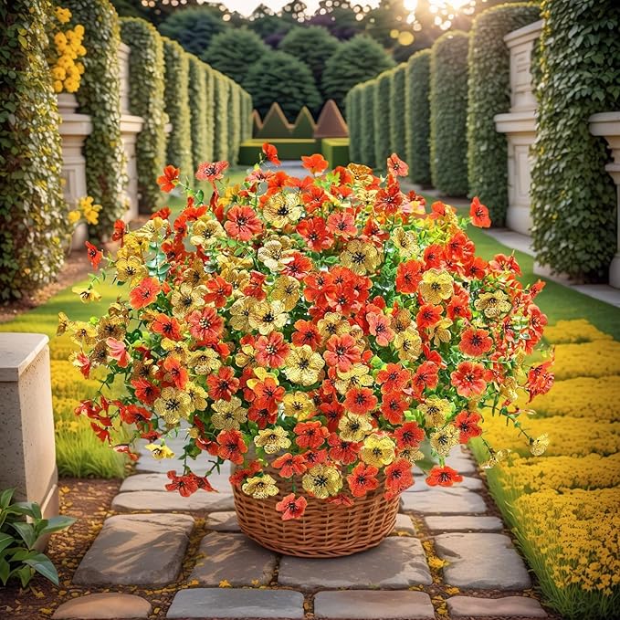 SHIAWASENA Realistic Outdoor Fake Plants Flowers, Artificial Flowers, UV Resistant, 12 Bundles Faux Silk Colorful Violet Flowers Bouquet with Eucalyptus (Yellow & Orange)