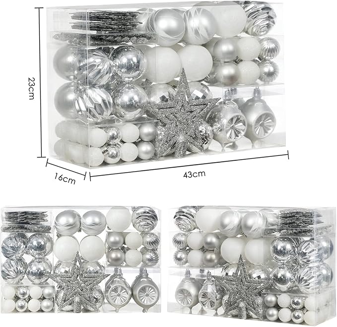 XmasExp 99-Pack Christmas Ball Ornaments Assorted Shatterproof Christmas Tree Decorations with Hand-held Gift Package for Xmas Tree,Home,Party(Silver-White)