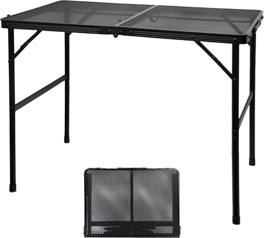 Camping Table with Mesh Desktop, Lightweight & Portable Folding Grill Table, Height Adjustable Metal Outdoor Table for Camp, Cooking, BBQ, RV, Picnic-3 FT Black