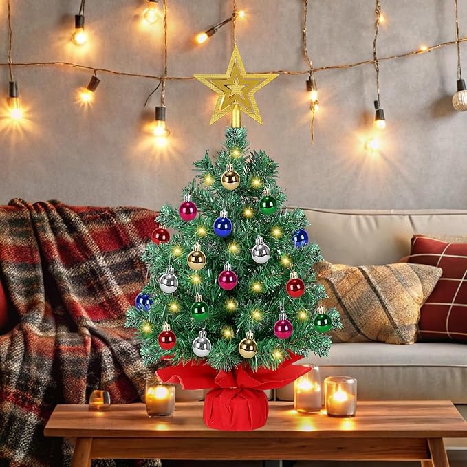 24 Inch Pre-lit Artificial Christmas Tree with 50 LED Lights, 8 Lighting Modes & Timer | Includes Star Topper and 30 Ornaments | Battery Powered Tabletop Decor for Home, Office