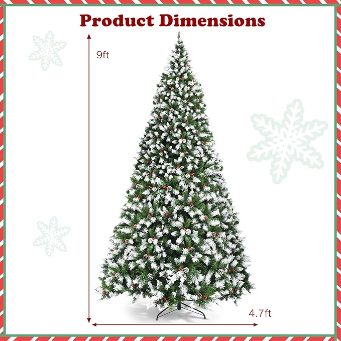 Happygrill 9ft Pre-lit Snowy Christmas Tree Pre-Strung Xmas Decoration Tree with 900 Warm White LED Lights & 2058 PVC Tips, 8 Lighting Modes, Hinged Artificial Tree for Residential Commercial Use
