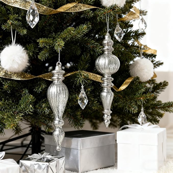 DN DECONATION Mercury Glass Finial Christmas Ornaments, Large Hanging Teardrop Ornament, Shiny Ball Ornaments for Xmas Tree, Winter Wedding, Party, Holiday Home (4-Pieces, Silver)