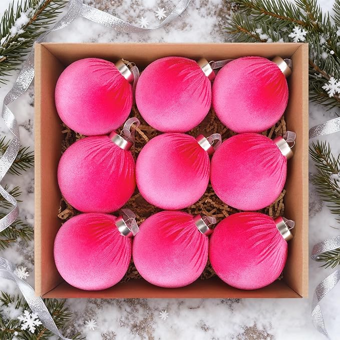 9 Pcs Pink Christmas Tree Ornaments Set, 80mm/3.15in Large Velvet Christmas Balls for Xmas Tree Decorations Shatterproof Hanging Flocked Balls Ornaments Hot Pink