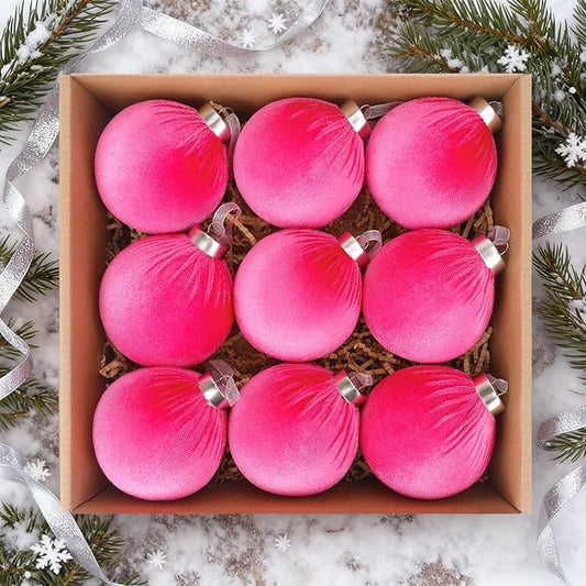 9 Pcs Pink Christmas Tree Ornaments Set, 80mm/3.15in Large Velvet Christmas Balls for Xmas Tree Decorations Shatterproof Hanging Flocked Balls Ornaments Hot Pink