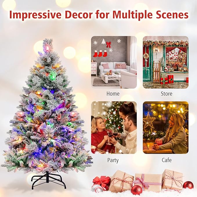 HAPPYGRILL 4.5 FT Pre-lit Artificial Christmas Tree, Snow-Flocked Xmas Tree with 160 Multi-Color LED Lights, 8 Lighting Modes, 472 Branch Tips, Pine Needles, Hinged Tree for Home Office Party