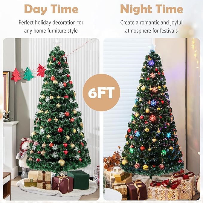 Goplus 6ft Pre-Lit Fiber Optic Christmas Tree, Artificial Xmas Full Tree with Colorful Snowflake LED Lights, 220 Branch Tips, Foldable Metal Base, for Office Home Holiday Decor