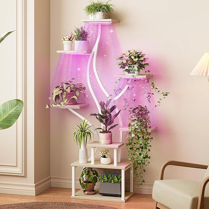 PRAISUN 51.3 Inch Plant Stand with Grow Light, 6 Tiered Indoor Plant Shelf with Larger Flower Holder, Pine-Shaped Stand, 3 Light Modes, Open Base, Corner Plant Rack for Living Room, Oak and White