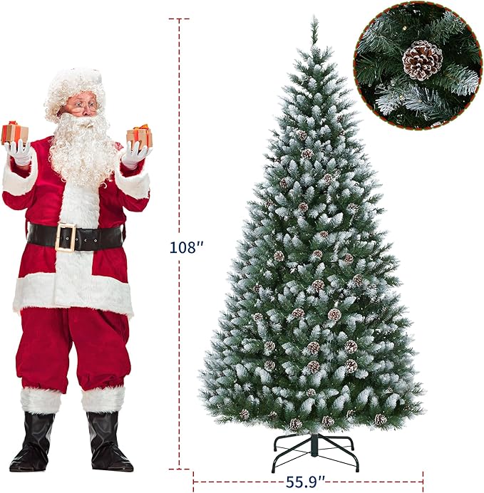 9FT Pre-Lit Artificial Christmas Tree with White Lights,Green PE & PVC Artificial Xmas Tree,Easy Assembly, Foldable Stand for Home, Office, Party Decoration for Xmas Holiday