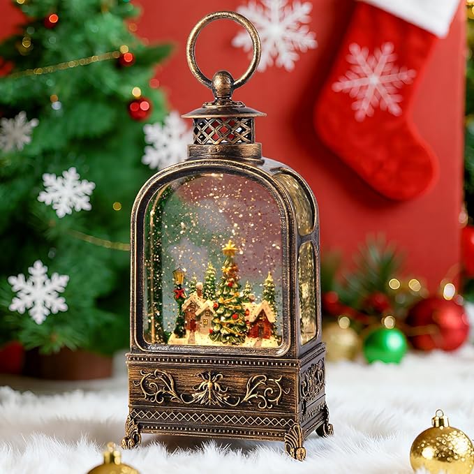 Village Snow Globe Christmas, Musical Snow Globe Lantern Lights with 6H Timer Battery & USB Powered, Retro Style Holiday Glitter Snow Globes for Xmas Home Decoration Indoor Holiday Party Gifts