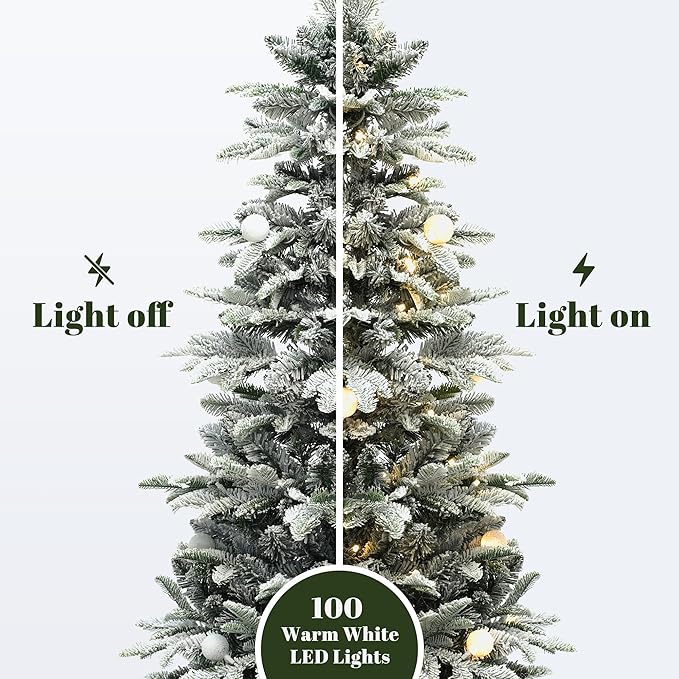 LuxenHome 5FT Small Potted Christmas Tree, Flocked Christmas Tree with 100 LED Globe Lights, Prelit Artificial Xmas Trees with White Round Pot, Lighted Pine Tree for Indoor, Outdoor Holiday Display