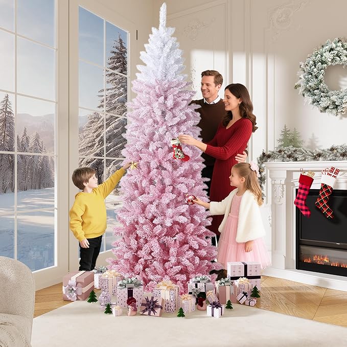 GAOMON 9Ft Snow Flocked Pencil Christmas Tree, Slim Artificial Christmas Tree with Sturdy Metal Stand, Skinny Xmas Tree Holiday Decoration for Home, Office, Pink Gradient