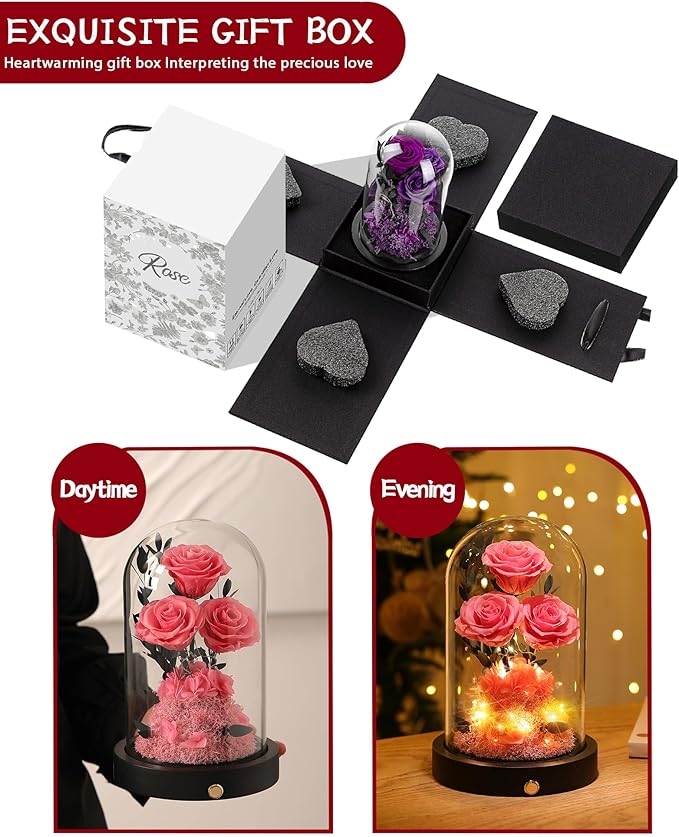 Flowers Roses Gifts for Mom Grandma,Forever Preserved Rose in Glass Dome, Christmas Anniversary Thanksging Birthday Real Roses Gifts for Wife Women Mother in Law/Pink