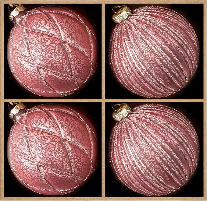 DN DECONATION 4PCS Christmas Ball Ornaments Set – 4” Pink Glass Hanging Ball Ornaments Set for Christmas Tree with Shimmering Silver Lines, Winter Decor Holiday Party Xmas Decorations
