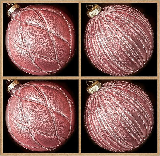 DN DECONATION 4PCS Christmas Ball Ornaments Set – 4” Pink Glass Hanging Ball Ornaments Set for Christmas Tree with Shimmering Silver Lines, Winter Decor Holiday Party Xmas Decorations