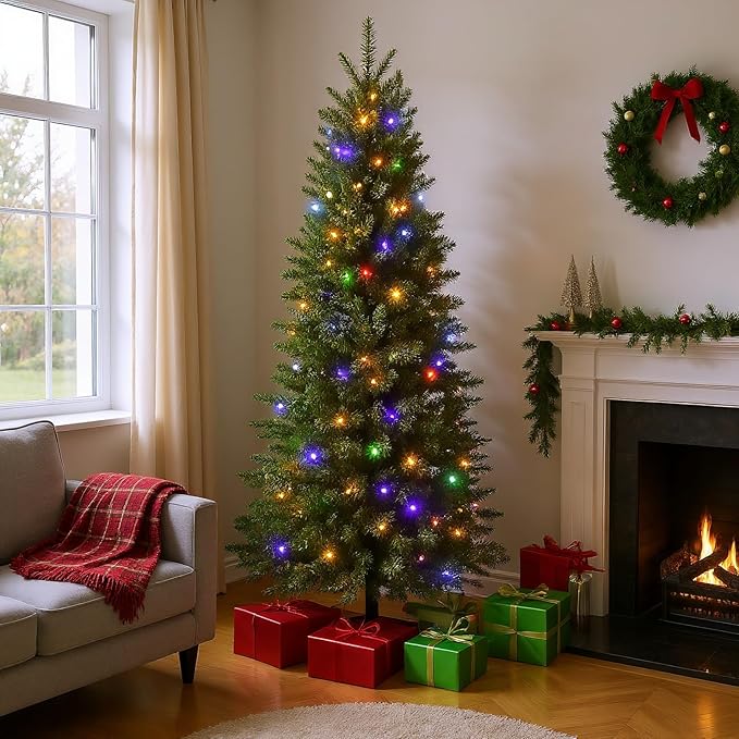 Himimi Pre-Lit Christmas Trees Slim Fraser Fir Artificial Tree with Multicolor LED Lights, Layered Brach Tips Noble Holiday Décor, Foldable Metal Stand & Protective Foot Caps, 6 Foot