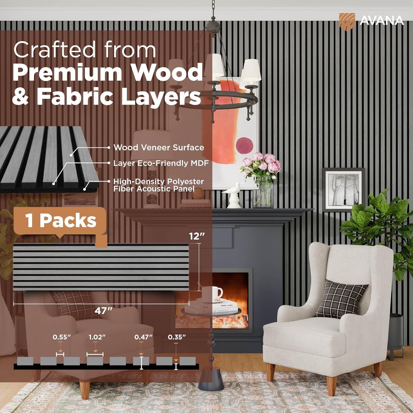 Avana Modern Acoustic Wood Wall Panels – 47.2 X 12.6 Inch Gray Oak Acoustic Panels 1 PC – Wall Panels for Interior Wall Decor For Homes, Offices, Studios – Sturdy And Durable Wood Panels for Wall