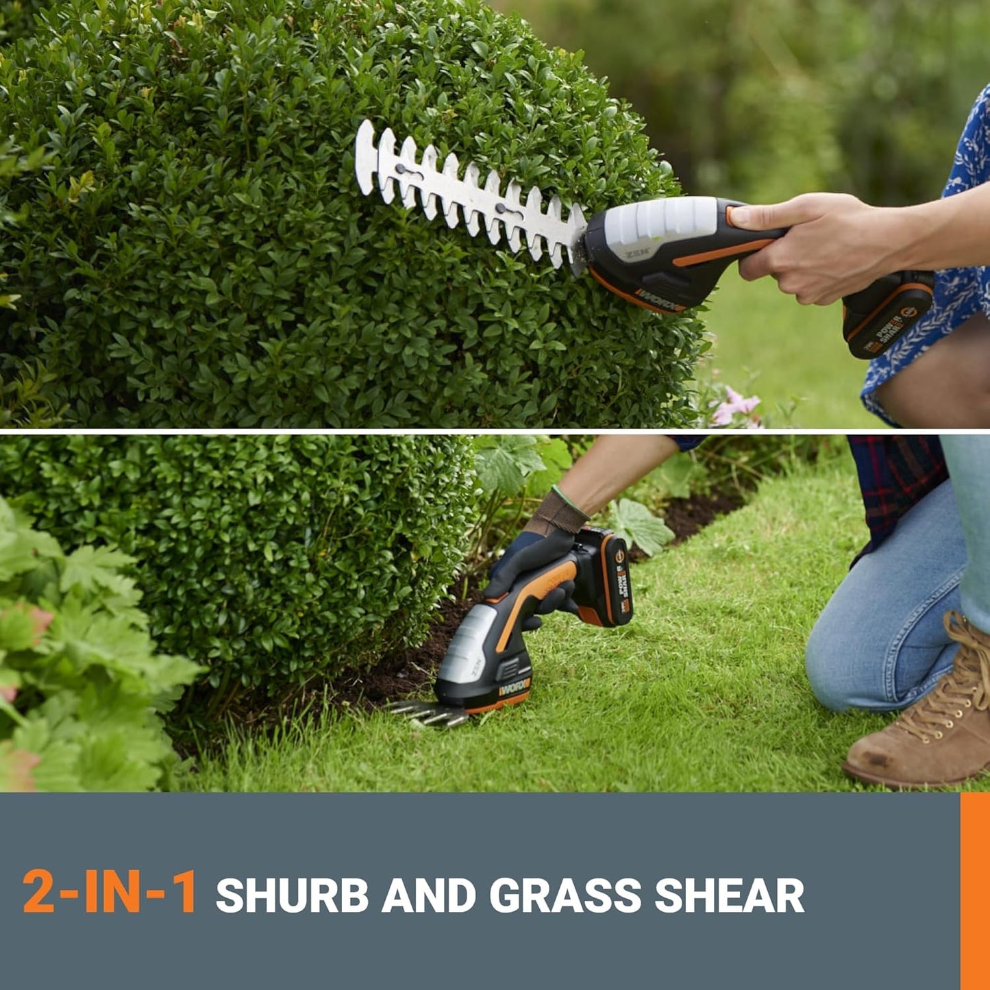 WORX WG801 20V 2 in 1 Cordless Hedge Trimmer, 4" Grass Shear & 8" Shrub Trimmer with 2 Blades, Battery & Charger Included