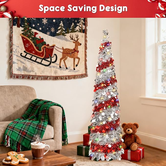 5FT Christmas Trees with 90 Lights, Collapsible Artificial Sequin Pop Up Christmas Tree, Tinsel Slim Pencil Christmas Tree for Home Holiday Fireplace Party Indoor Outdoor Xmas Decorations (Sliver&Red)