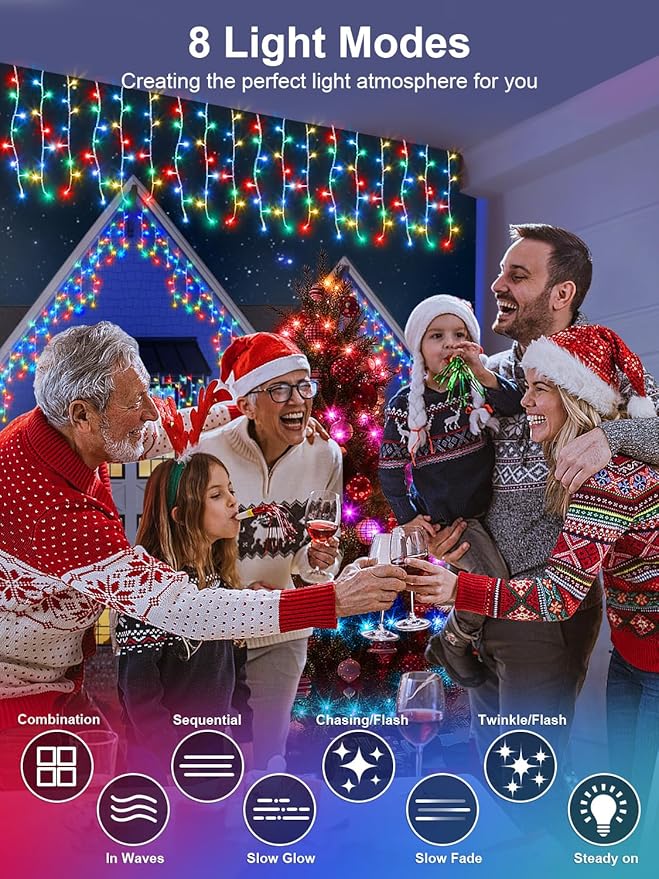 42FT Icicle Lights, Christmas Outdoor with 400LED 75 Drops, IP65 Waterproof Eaves Lights, 8 Modes, for Christmas Eaves Garden Room Decoration Multicolor